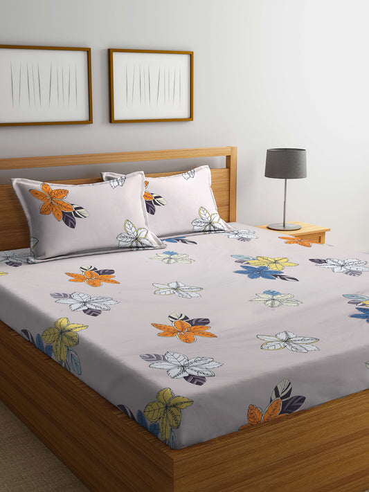 Arrabi Beige Floral TC Cotton Blend Double Size Bedsheet with 2 Pillow Covers (250 x 215 cm)