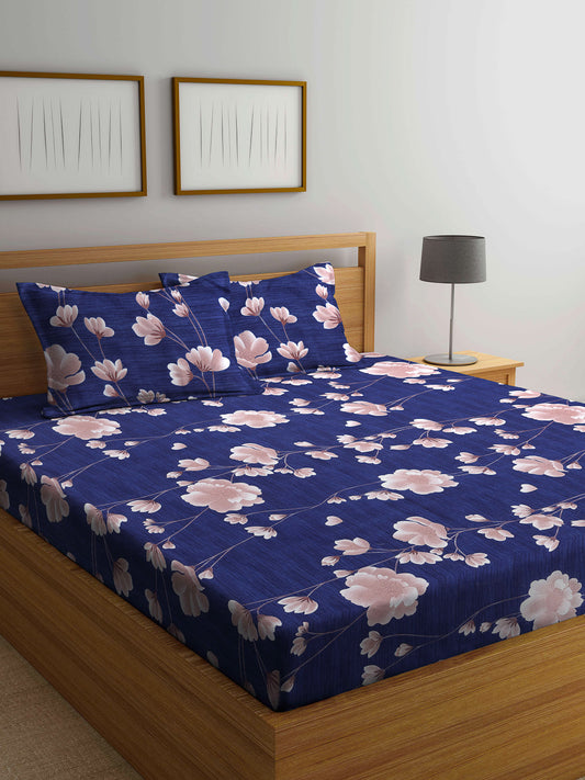 Arrabi Blue Floral TC Cotton Blend Double Size Bedsheet with 2 Pillow Covers