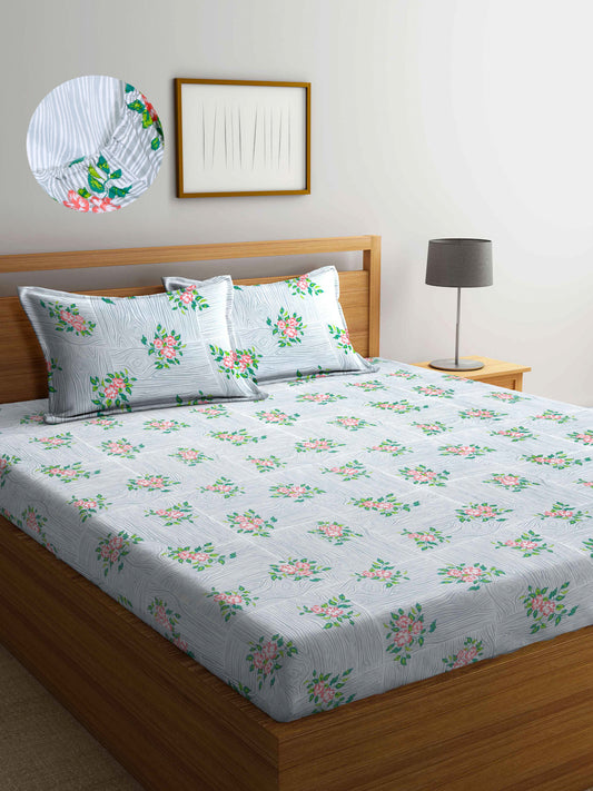 Arrabi Grey Floral TC Cotton Blend King Size Fitted Bedsheet with 2 Pillow Covers(250 X 215 Cm )