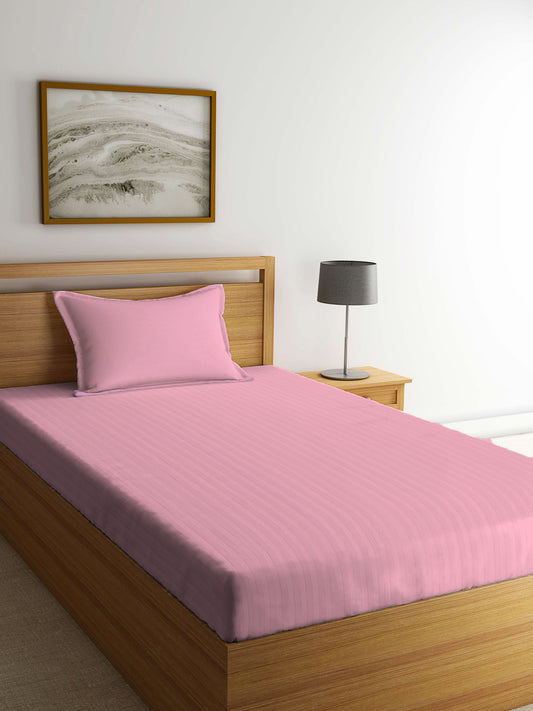 Arrabi Pink Stripes TC Cotton Blend Single Size Bedsheet with 1 Pillow Cover (220 X 150 cm)