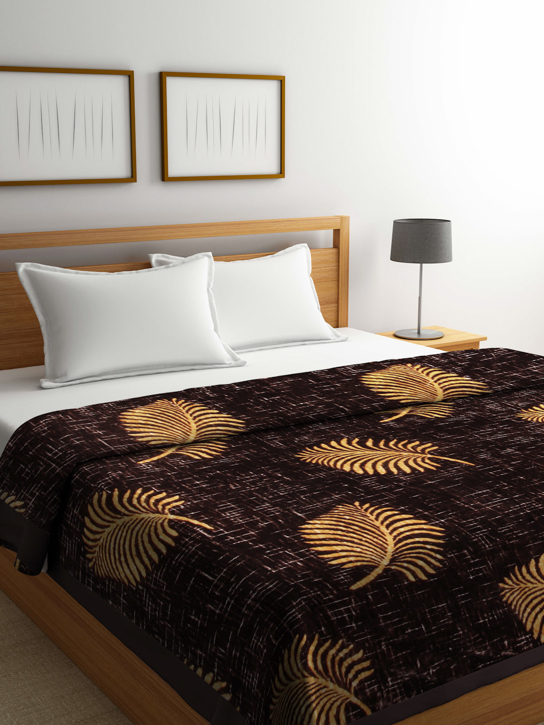 Arrabi Brown Leaf Wool Blend 900 GSM Full Size Double Bed Blanket (230 X 210 cm)