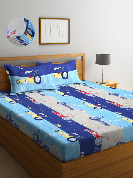 Arrabi Multi Cartoon TC Cotton Blend King Size Fitted Bedsheet with 2 Pillow Covers(250 X 215 Cm )