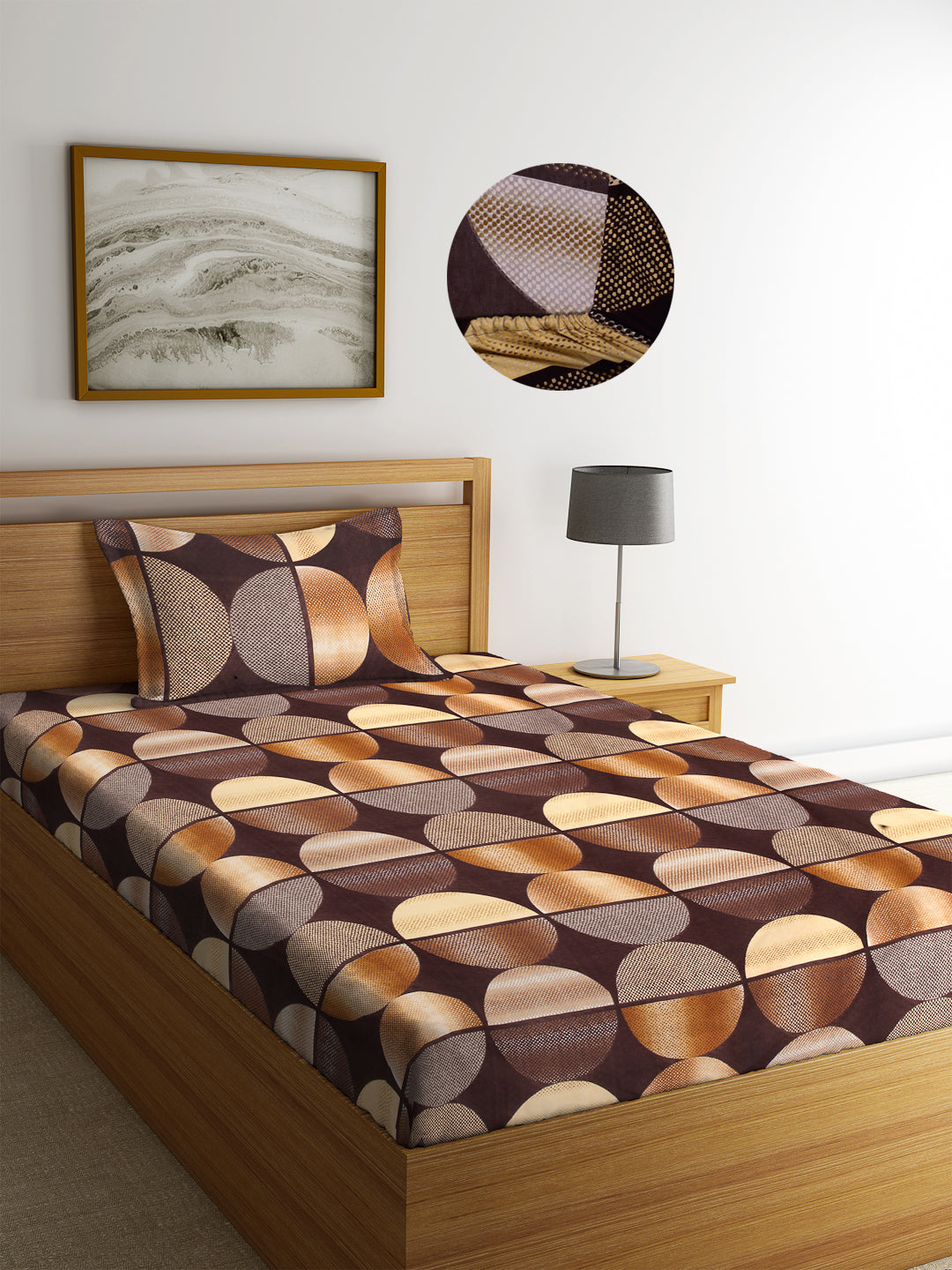 Arrabi Brown Geometric TC Cotton Blend Single Size Fitted Bedsheet with 1 Pillow Cover (220 X 150 cm)