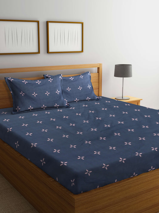 Arrabi Grey Leaf TC Cotton Blend King Size Bedsheet with 2 Pillow Covers (250 X 215 cm)