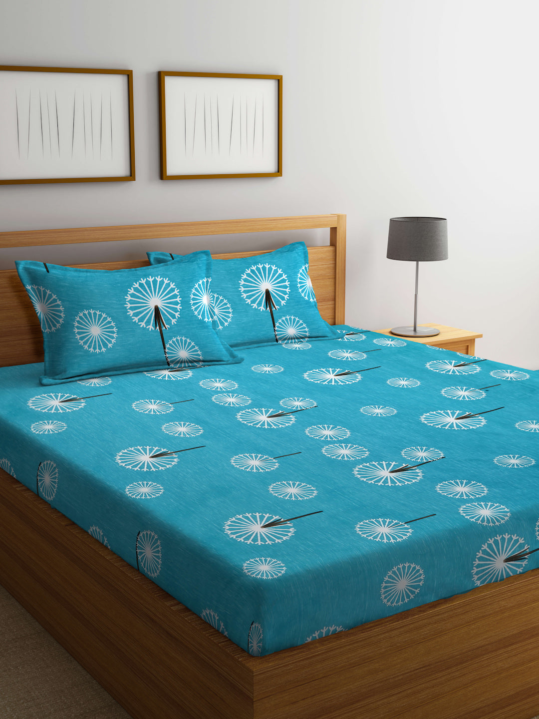 Arrabi Teal Indian TC Cotton Blend Super King Size Bedsheet with 2 Pillow Covers (270 X 260 cm)