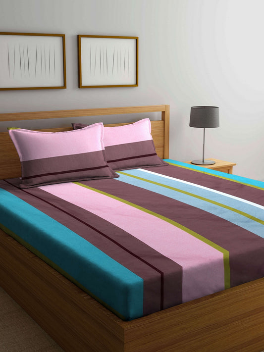 Arrabi Multi Stripes TC Cotton Blend Double Size Bedsheet with 2 Pillow Covers (250 X 220 Cm)
