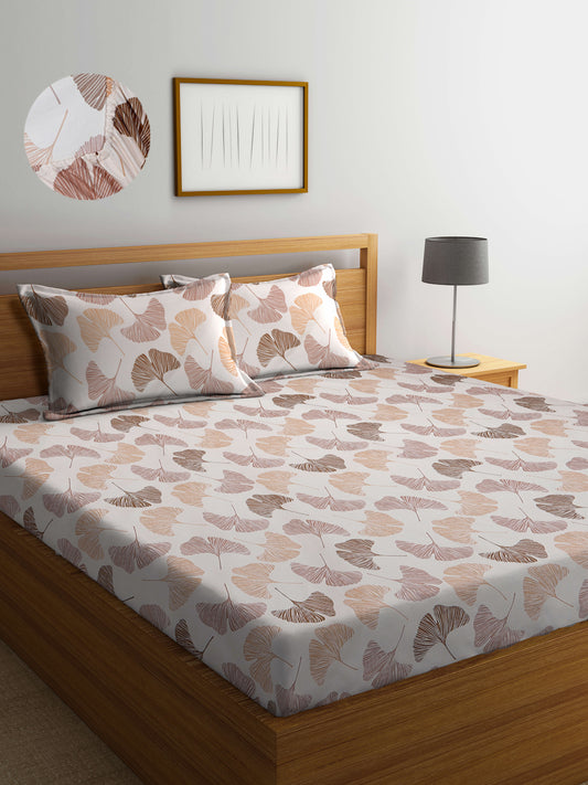 Arrabi Cream Leaf TC Cotton Blend King Size Fitted Bedsheet with 2 Pillow Covers(250 X 215 Cm )