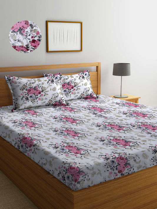 Arrabi White Floral TC Cotton Blend King Size Fitted Bedsheet with 2 Pillow Covers (250 X 220 Cm )