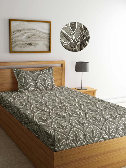 Arrabi Grey Floral TC Cotton Blend Single Size Fitted Bedsheet with 1 Pillow Cover (220 X 150 cm)
