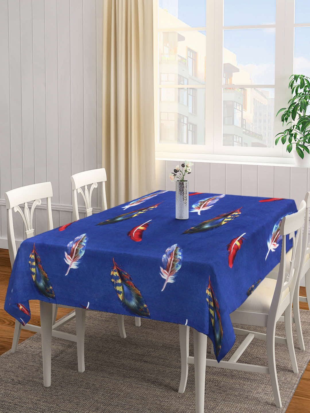 Arrabi Blue Leaf TC Cotton Blend 6 Seater Table Cover (180 x 130 cm)