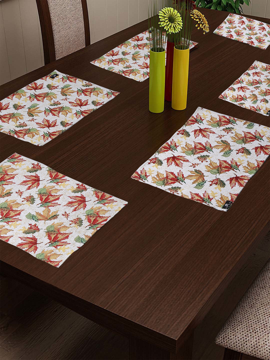 Arrabi Yellow Leaf Cotton Blend Full Size Table Mat (Pack of 6) (45 X 30 cm)