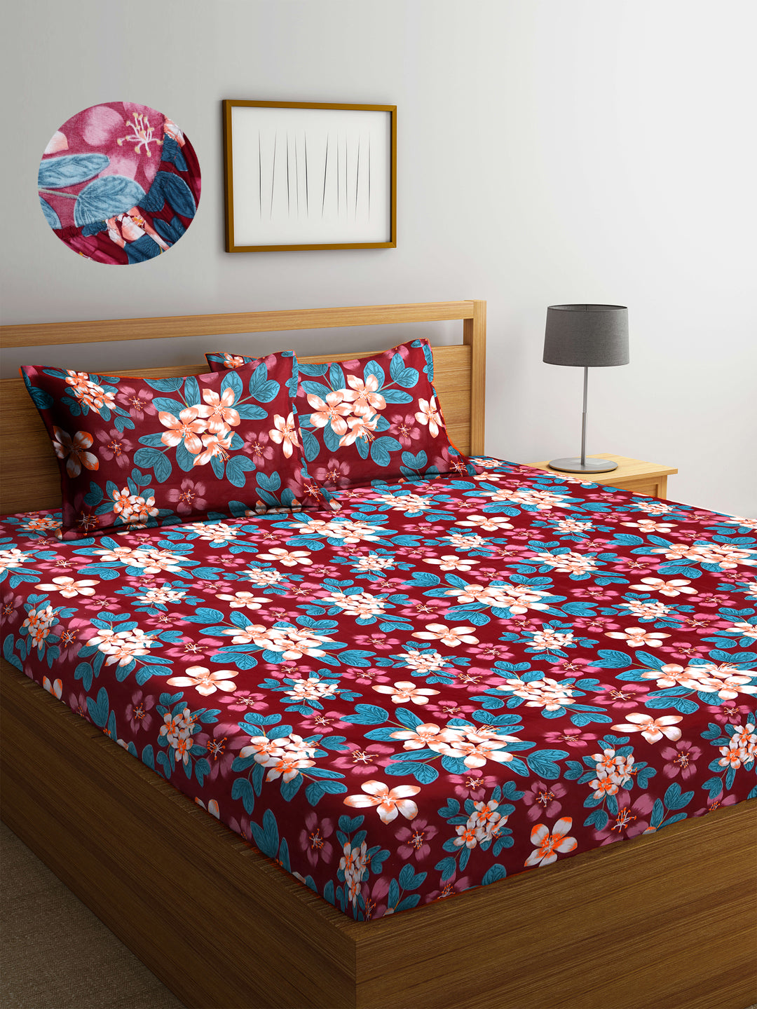 Arrabi Red Floral TC Cotton Blend King Size Fitted Bedsheet with 2 Pillow Covers (250 X 220 Cm )