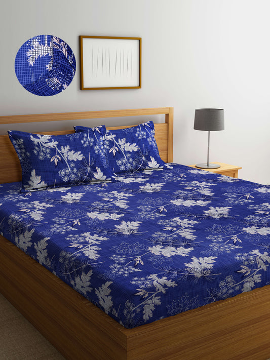 Arrabi Blue Leaf TC Cotton Blend King Size Fitted Bedsheet with 2 Pillow Covers(250 X 215 Cm )