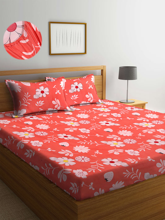 Arrabi Orange Floral TC Cotton Blend Double Size Fitted Bedsheet with 2 Pillow Cover ( 250 x 225 cm)