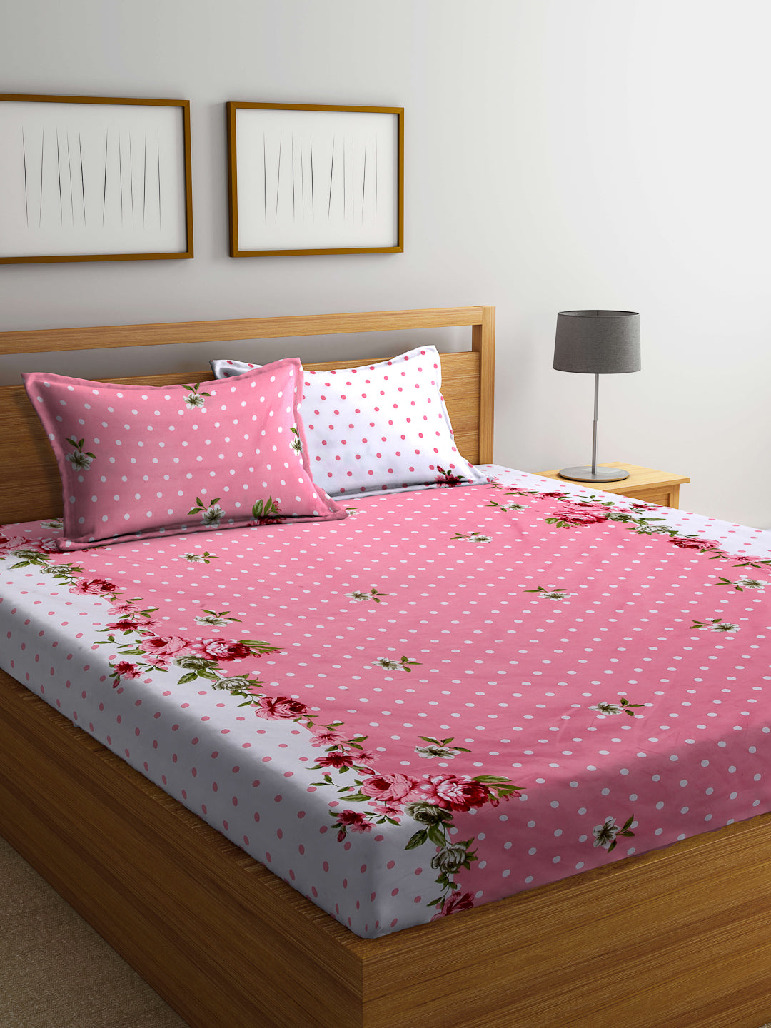 Arrabi Pink Floral TC Cotton Blend Double Size Bedsheet with 2 Pillow Covers (250 x 215 cm)
