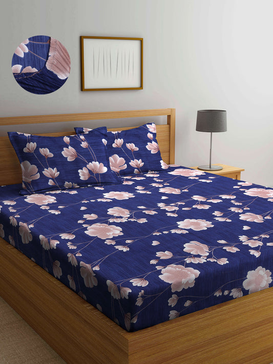Arrabi Blue Floral TC Cotton Blend King Size Fitted Bedsheet with 2 Pillow Covers (250 X 220 Cm )