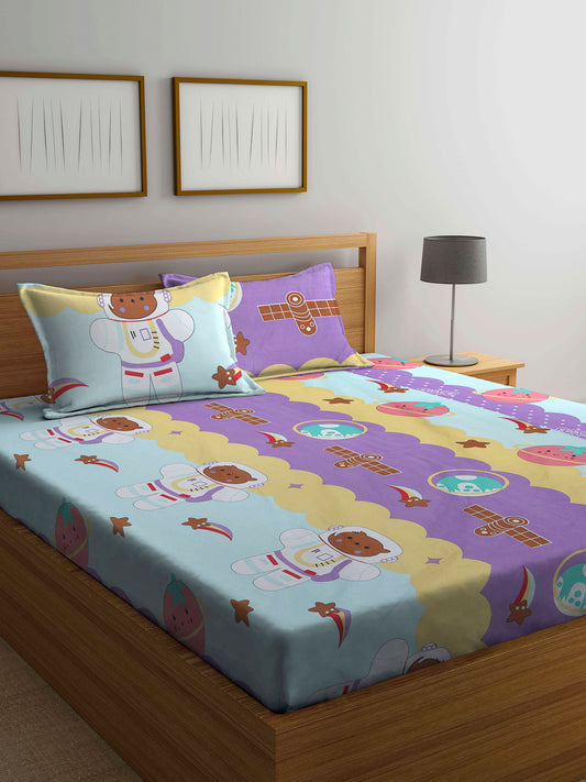 Arrabi Multi Cartoon TC Cotton Blend Double Size Bedsheet with 2 Pillow Covers