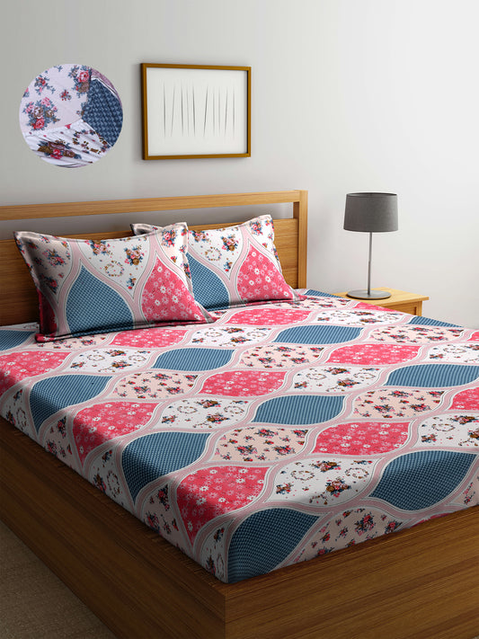 Arrabi Multi Floral TC Cotton Blend Double Size Fitted Bedsheet with 2 Pillow Covers (250 X 220 cm)