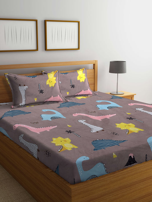 Arrabi Brown Cartoon TC Cotton Blend King Size Bedsheet with 2 Pillow Covers (250 X 215 cm)