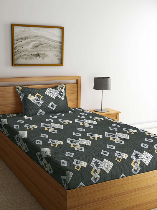 Arrabi Grey Geometric TC Polycotton Single Size Bedsheet with 1 Pillow Cover (225 x 150 cm)