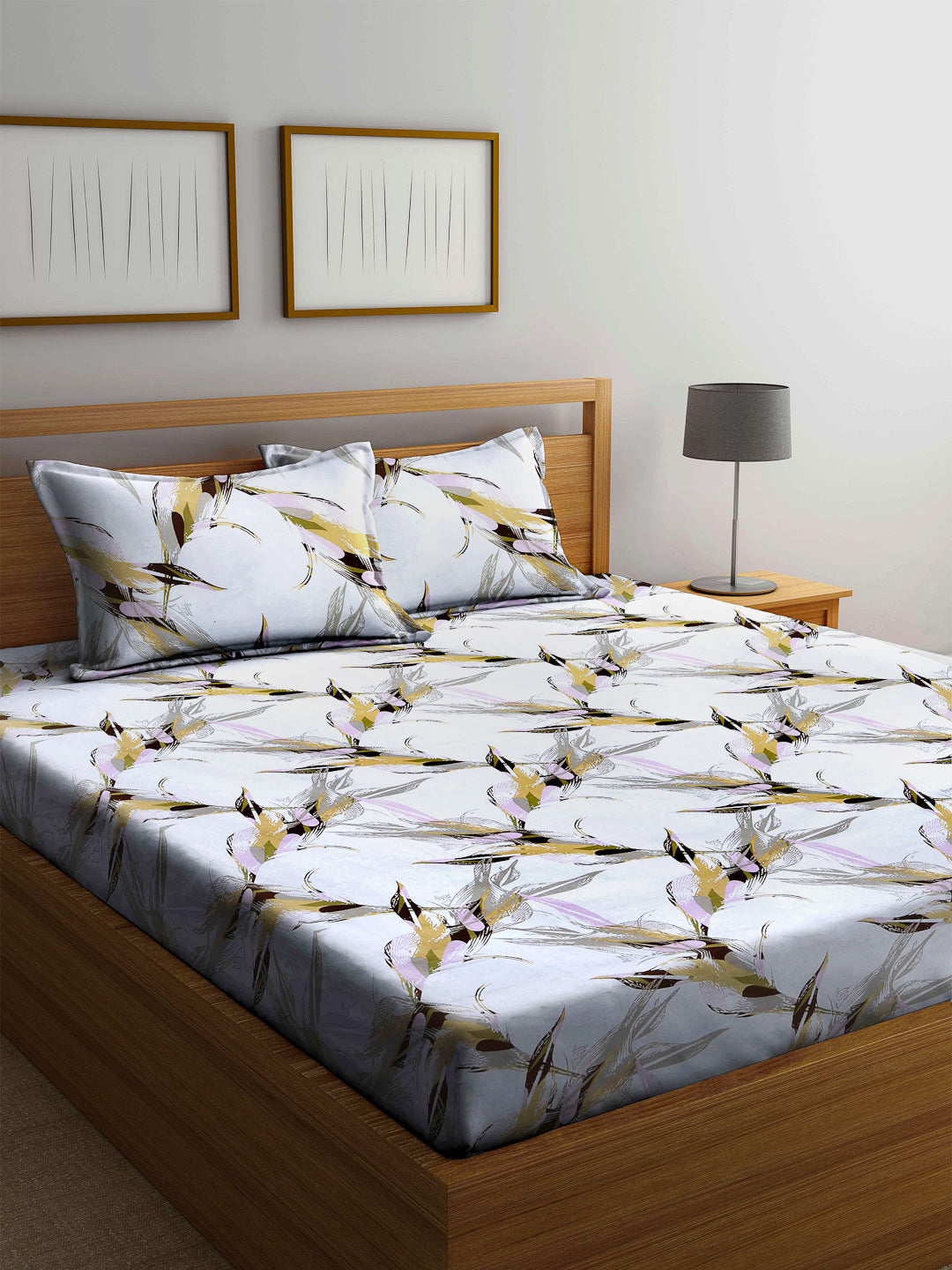 Arrabi Multi Leaf 100% Cotton King Size Double Bedsheet with 2 Pillow Covers (250 X 215 cm)