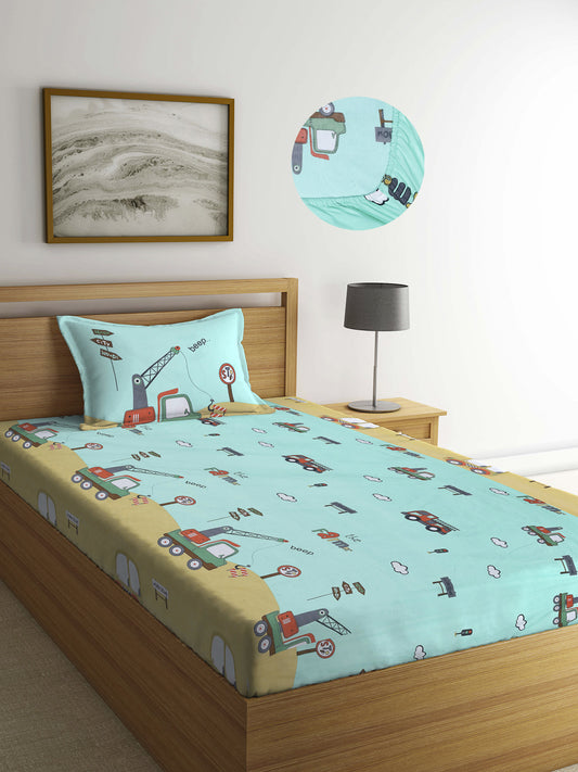 Arrabi Green Cartoon TC Cotton Blend Single Size Fitted Bedsheet with 1 Pillow Cover (220 x 150cm)