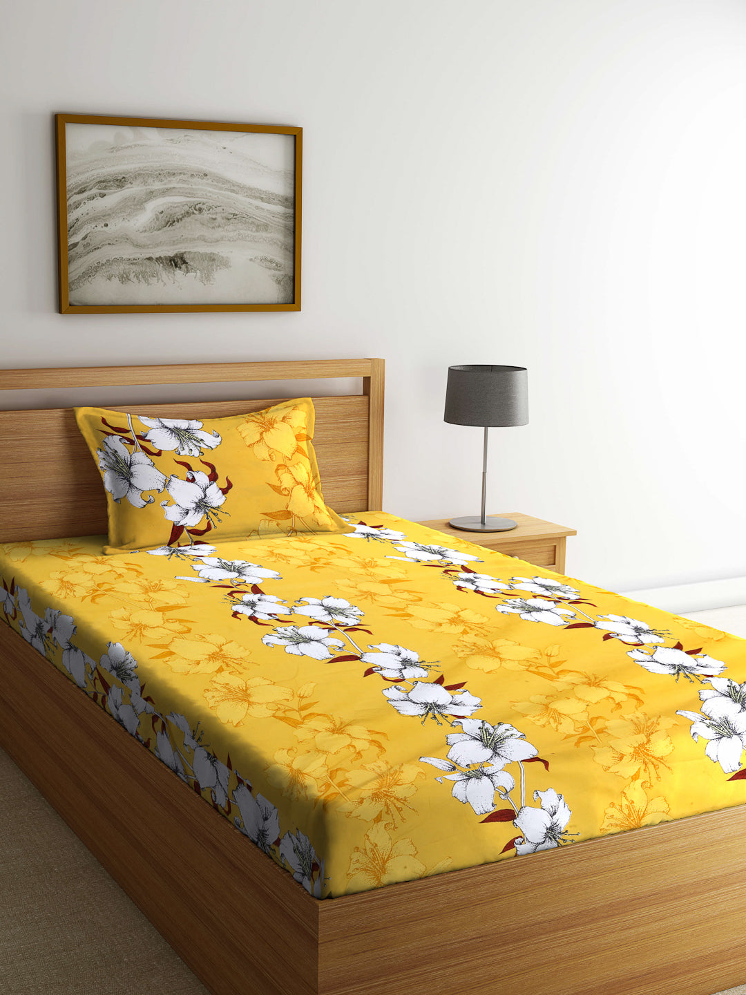 Arrabi Yellow Floral TC Cotton Blend Single Size Bedsheet with 1 Pillow Cover ( 215 X 150 cm)