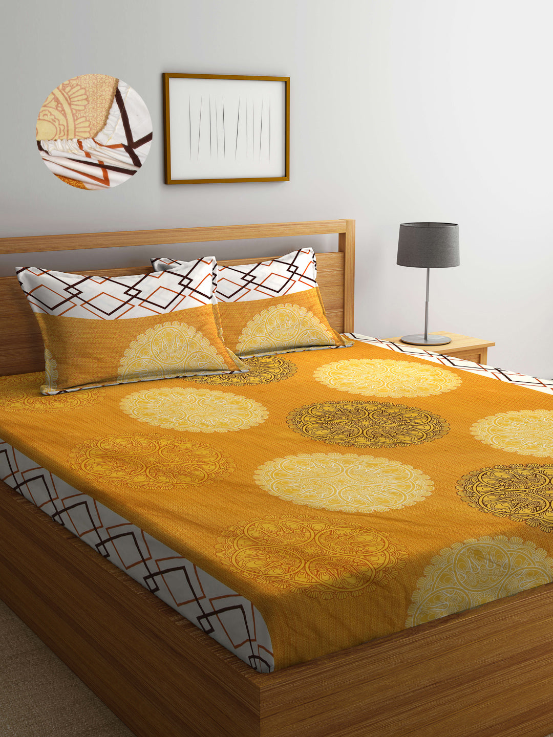 Arrabi Yellow Indian TC Cotton Blend King Size Fitted Bedsheet with 2 Pillow Covers (250 X 220 Cm )