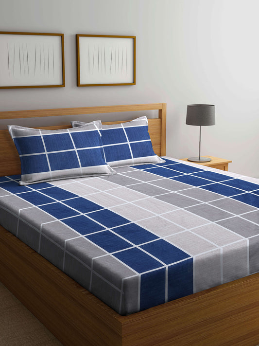 Arrabi Blue Checks TC Cotton Blend Double Size Bedsheet with 2 Pillow Covers (250 x 220 cm)