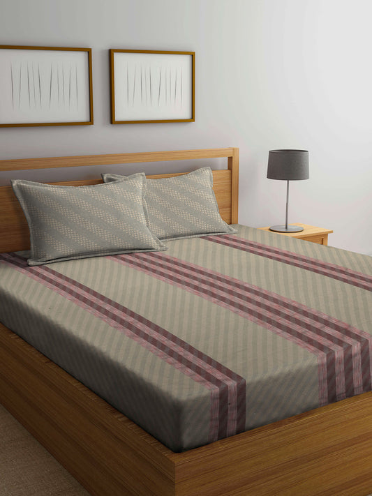 Arrabi Grey Stripes Handwoven Cotton Super King Size Bedsheet with 2 Pillow Covers (270 X 270 cm)