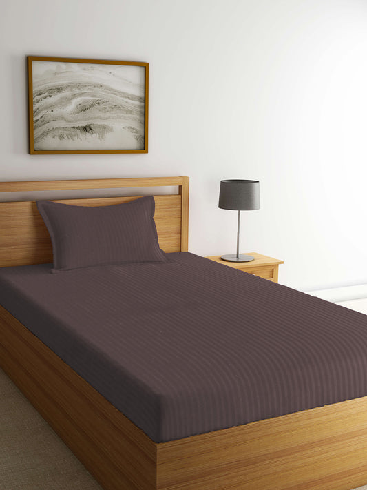 Arrabi Brown Stripes TC Cotton Blend Single Size Bedsheet with 1 Pillow Cover (220 X 150 cm)