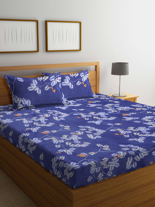 Arrabi Grey Leaf TC Cotton Blend Super King Size Bedsheet with 2 Pillow Covers (270 X 260 cm)
