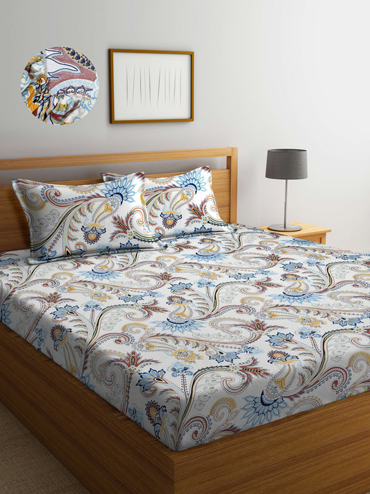 Arrabi White Floral TC Cotton Blend King Size Fitted Bedsheet with 2 Pillow Covers(250 X 215 Cm )