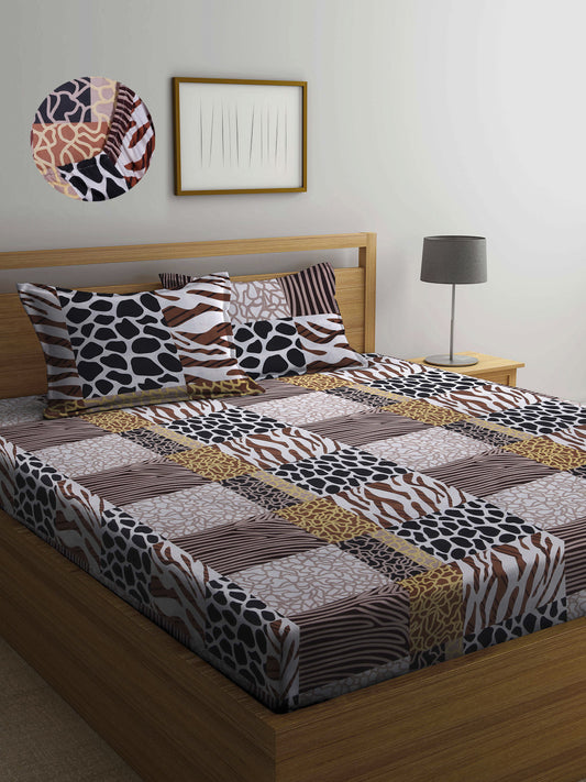 Arrabi Multi Graphic TC Cotton Blend King Size Fitted Bedsheet with 2 Pillow Covers(250 X 215 Cm )