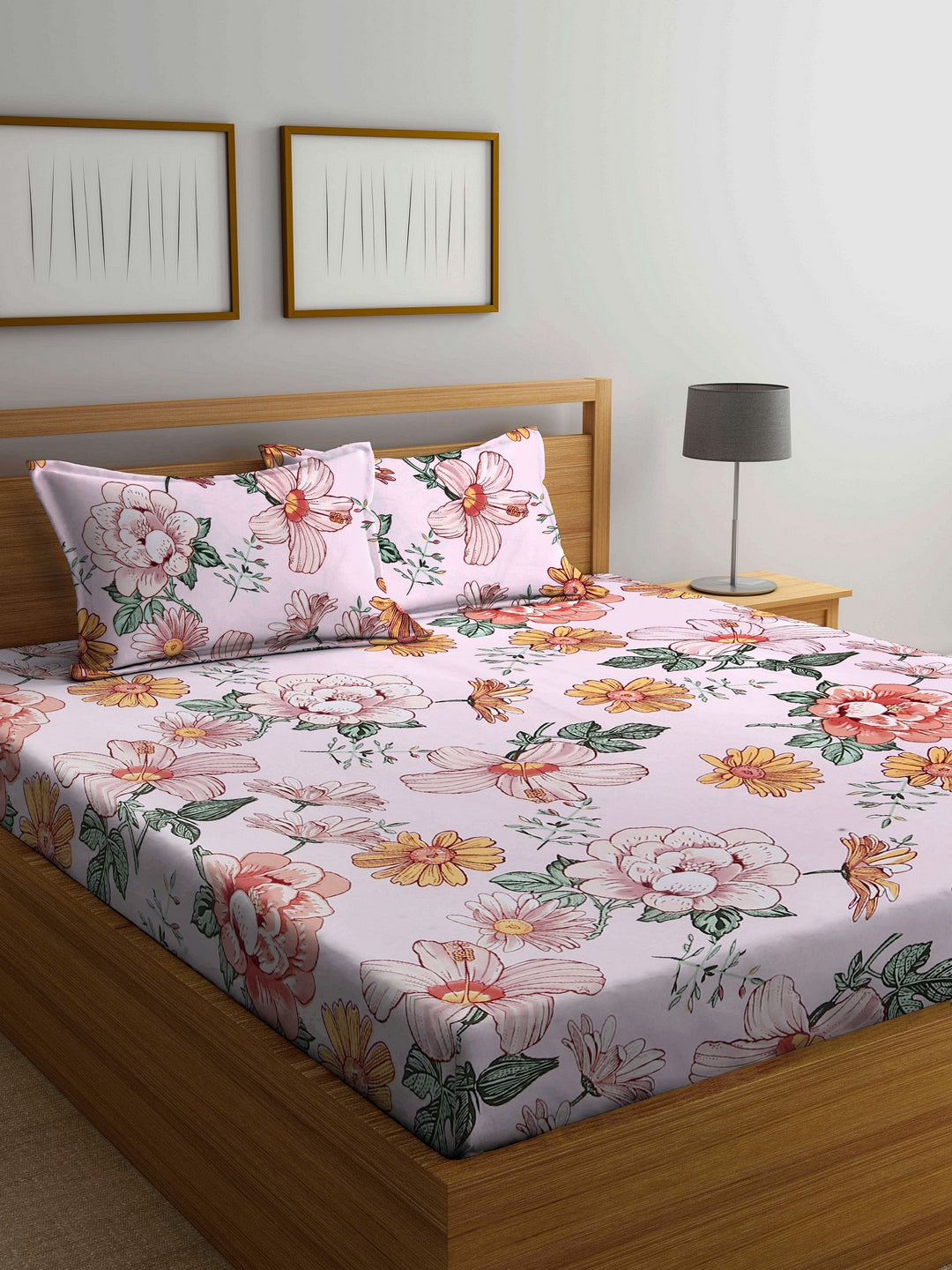 Arrabi Pink Floral TC Cotton Blend Double Size Bedsheet with 2 Pillow Covers (250 X 220 Cm)