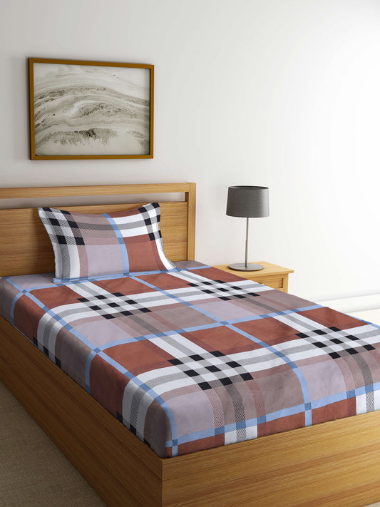 Arrabi Multi Checks TC Cotton Blend Single Size Bedsheet with 1 Pillow Cover (220 X 150 cm)