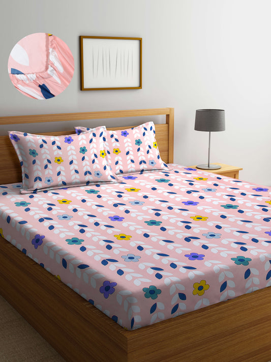 Arrabi Pink Leaf TC Cotton Blend Super King Size Fitted Bedsheet with 2 Pillow Covers(270 X 260 Cm )