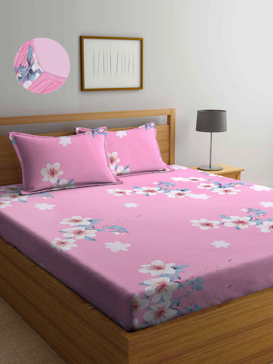 Arrabi Pink Floral TC Cotton Blend King Size Fitted Bedsheet with 2 Pillow Covers (250 X 220 Cm )