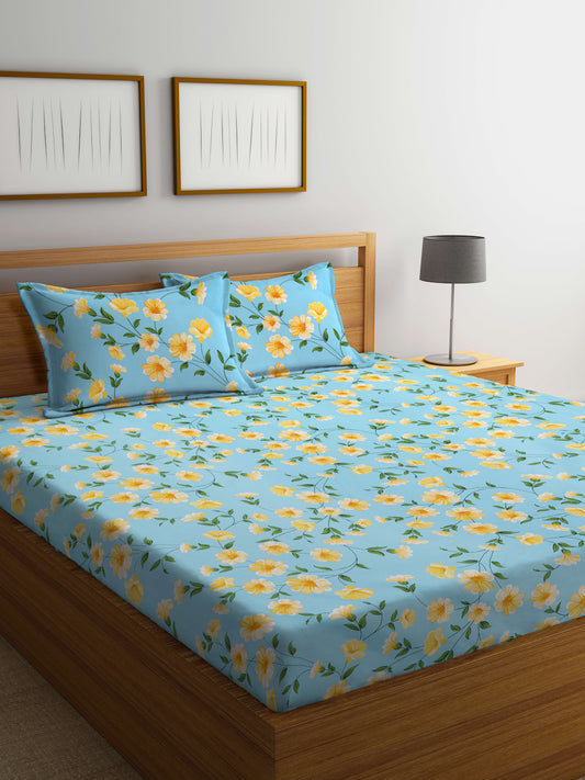Arrabi Teal Floral TC Cotton Blend King Size Bedsheet with 2 Pillow Covers (250 X 215 cm)
