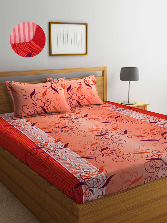 Arrabi Orange Leaf TC Cotton Blend King Size Fitted Bedsheet with 2 Pillow Covers (250 X 220 Cm )