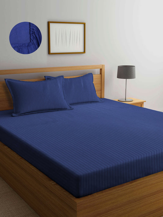 Arrabi Blue Stripes TC Cotton Blend Double Size Fitted Bedsheet with 2 Pillow Covers (250 X 220 cm)