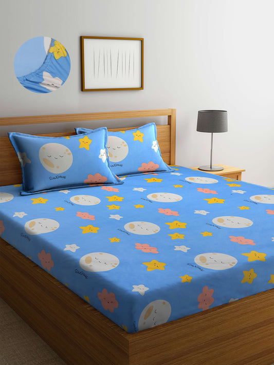 Arrabi Blue Cartoon TC Cotton Blend King Size Fitted Bedsheet with 2 Pillow Covers (250 X 215 Cm )