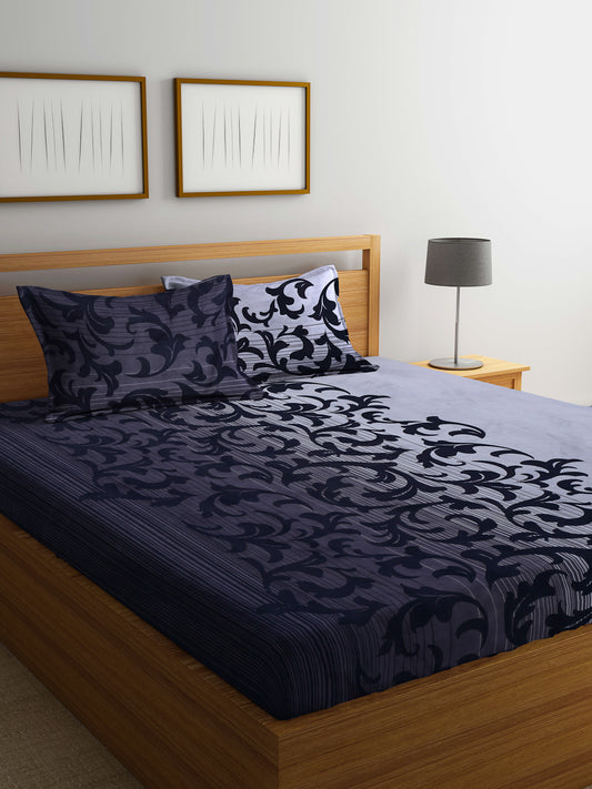 Arrabi Black Floral TC Cotton Blend King Size Bedsheet with 2 Pillow Covers (250 X 220 cm)