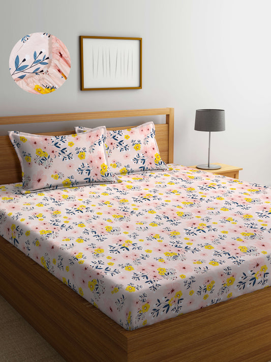 Arrabi Peach Leaf TC Cotton Blend Super King Size Fitted Bedsheet with 2 Pillow Covers(270 X 260 Cm )