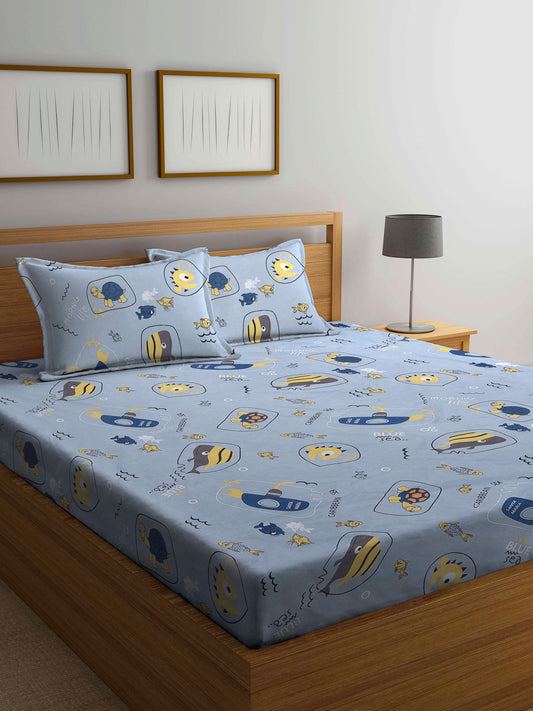 Arrabi Grey Cartoon TC Cotton Blend Double Size Bedsheet with 2 Pillow Covers