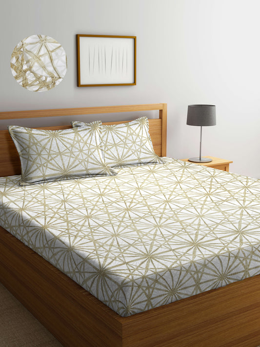 Arrabi Beige Geometric TC Cotton Blend King Size Fitted Bedsheet with 2 Pillow Covers(250 X 215 Cm )