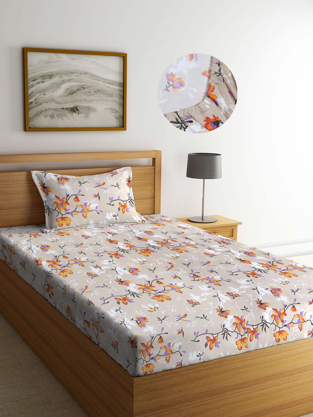 Arrabi Beige Floral TC Cotton Blend Single Size Fitted Bedsheet with 1 Pillow Cover (220 X 150 cm)