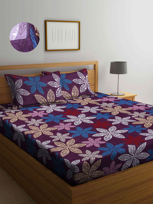 Arrabi Purple Floral TC Cotton Blend Double Size Fitted Bedsheet with 2 Pillow Covers (250 X 220 cm)
