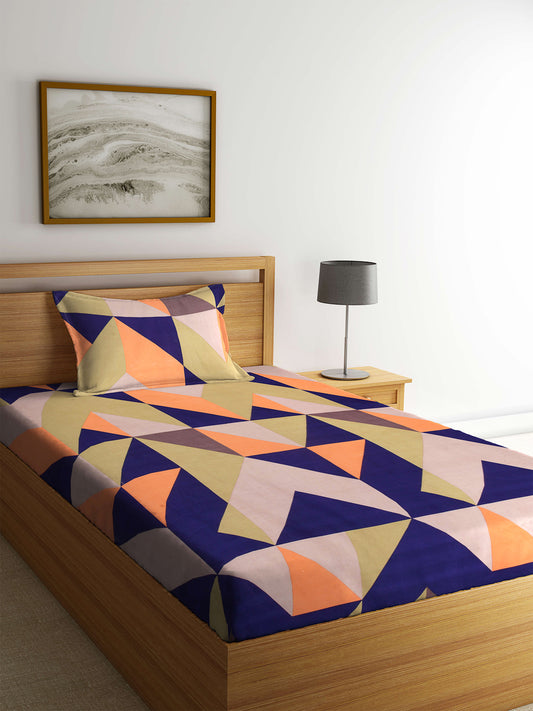 Arrabi Multi Geometric TC Cotton Blend Single Size Bedsheet with 1 Pillow Cover (225 x 150 cm)