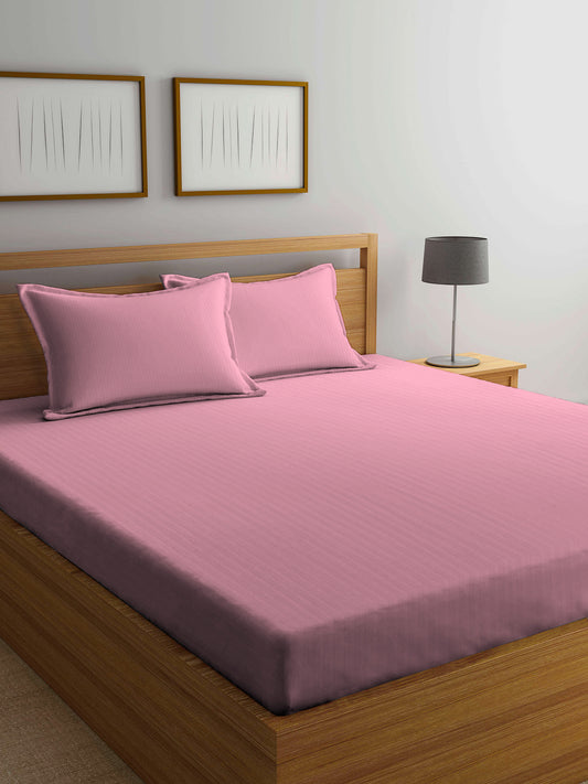 Arrabi Pink Stripes TC Cotton Blend Super King Size Bedsheet with 2 Pillow Covers (270 X 260 cm)